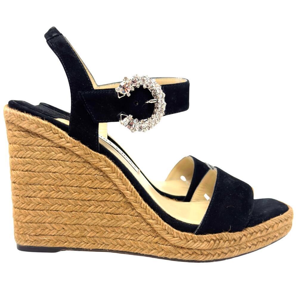Jimmy Choo Heels Black Crystal Mirabelle Jute Espadrilles Platform Sandals 39.5 - Picture 6 of 11